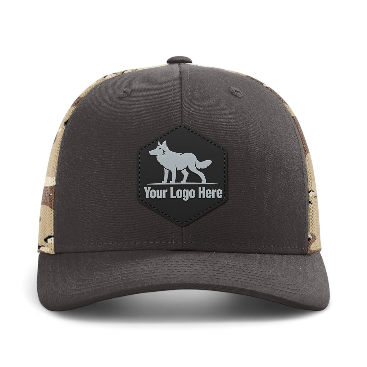 PVC patch preview of Richardson 112PM custom hat in brown and desert camo