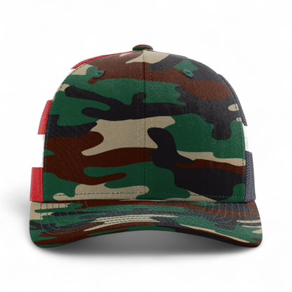 Front view of Richardson 112PM custom hat in green camo and stars & stripes