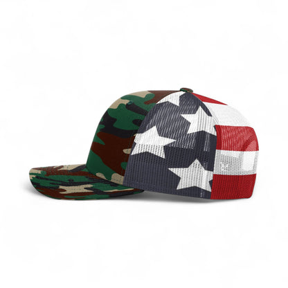 Left side view of Richardson 112PM custom hat in green camo and stars & stripes