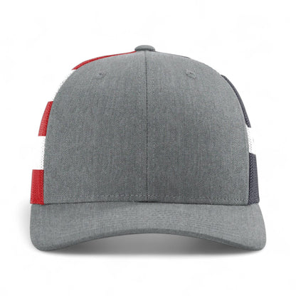 Front view of Richardson 112PM custom hat in heather grey and stars & stripes