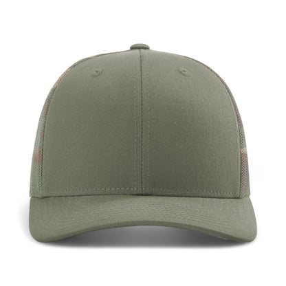 Front view of Richardson 112PM custom hat in loden and green camo