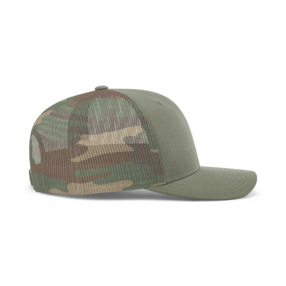 Right side view of Richardson 112PM custom hat in loden and green camo
