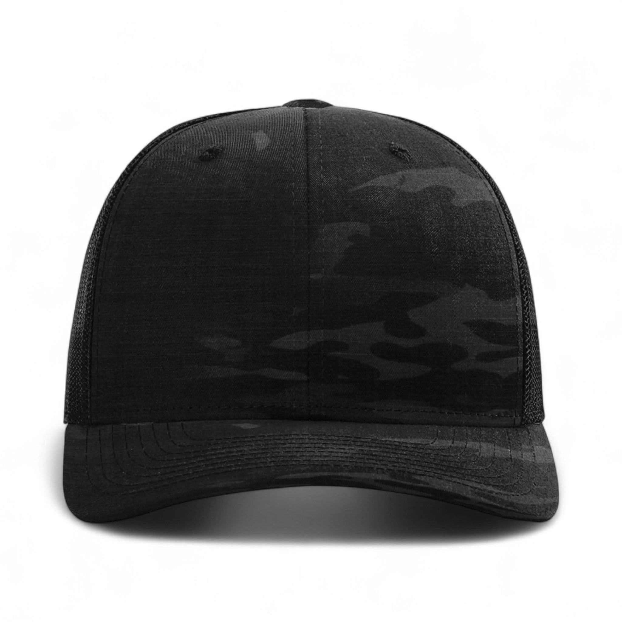 Front view of Richardson 112PT custom hat in multicam black and black