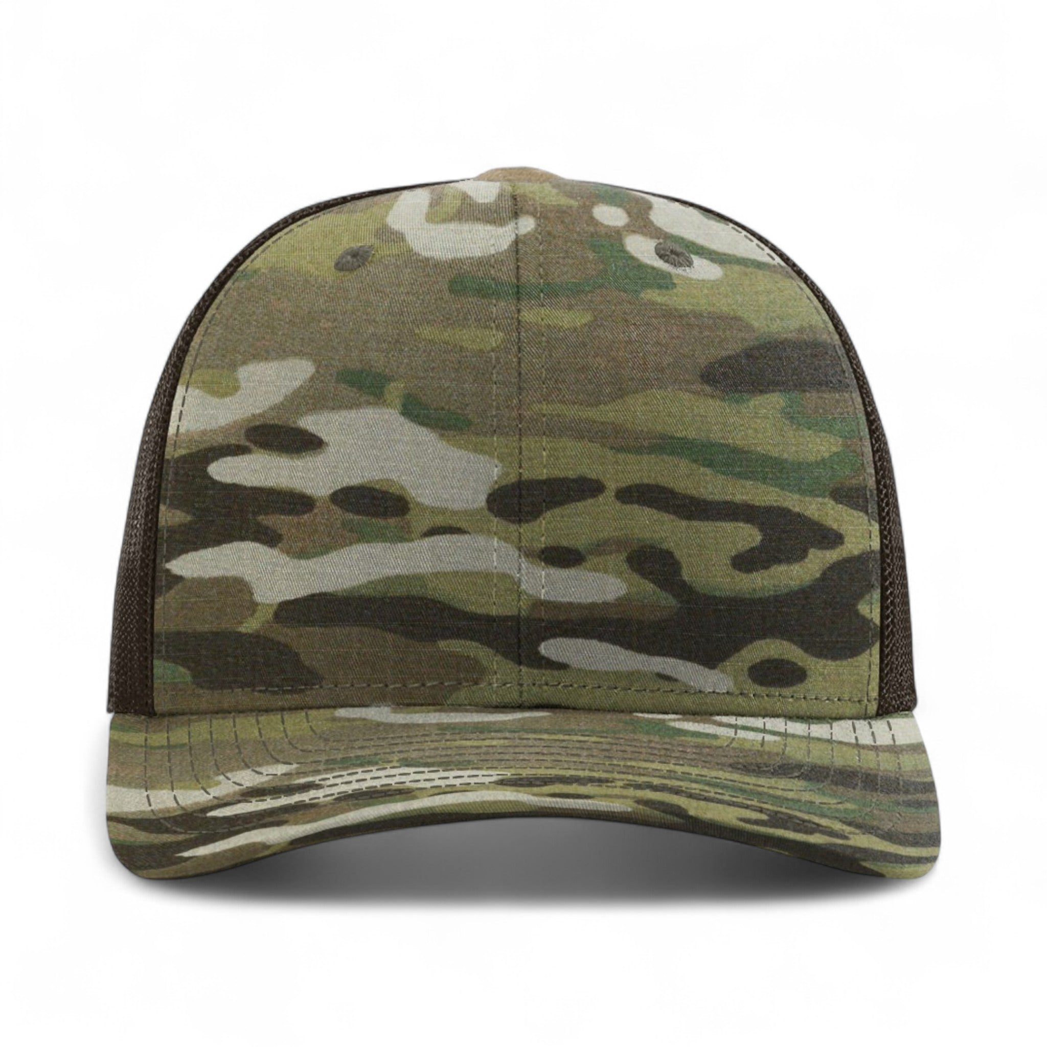 Front view of Richardson 112PT custom hat in multicam original and coyote brown