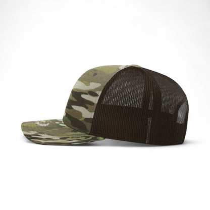 Left side view of Richardson 112PT custom hat in multicam original and coyote brown
