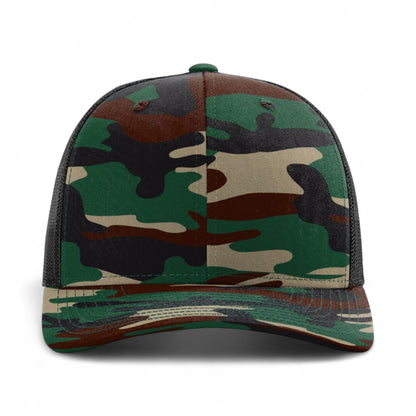 Front view of Richardson 112P custom hat in army camo and black