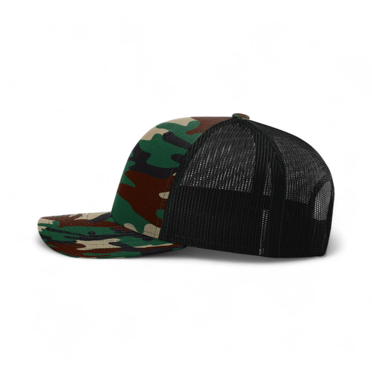 Left side view of Richardson 112P custom hat in army camo and black