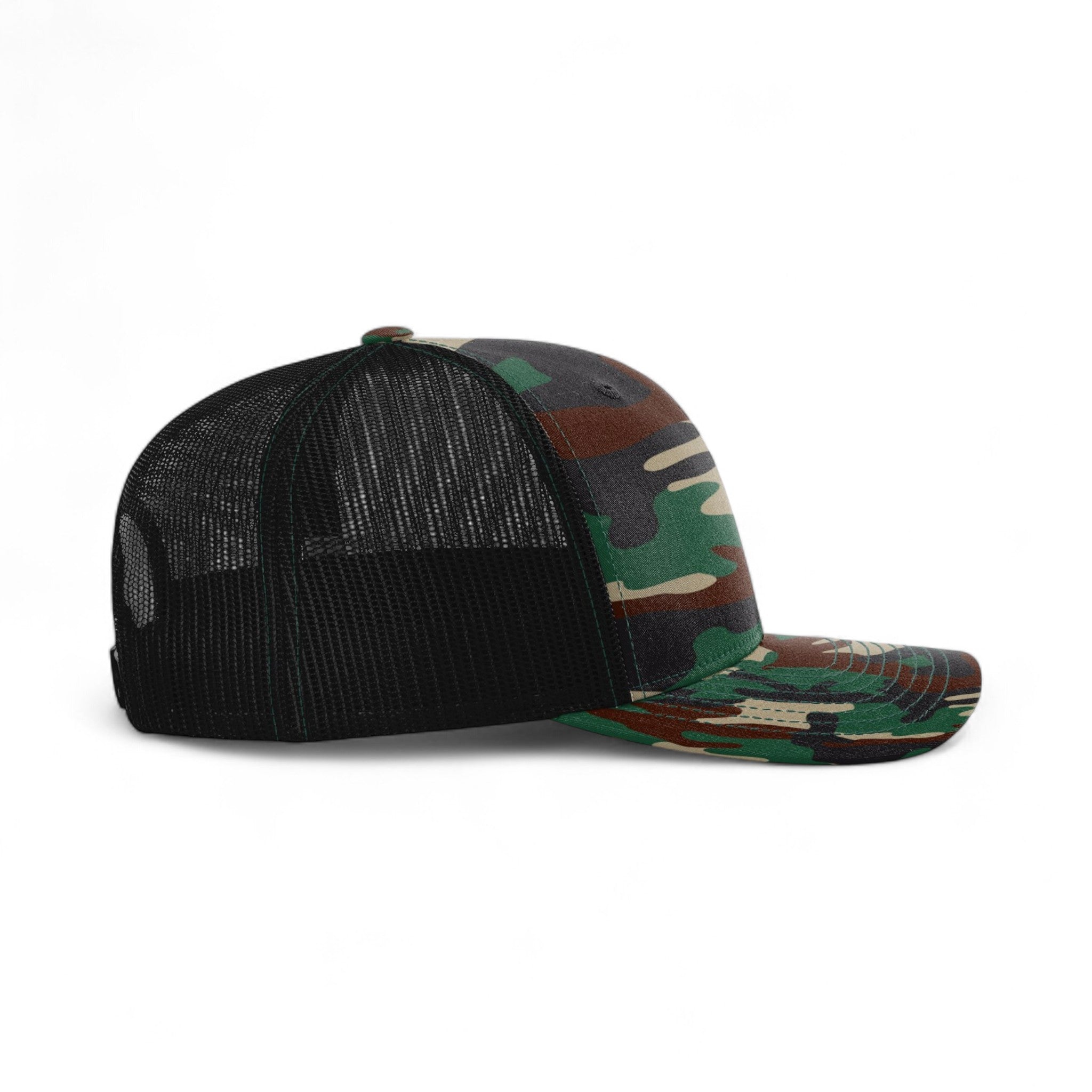 Right side view of Richardson 112P custom hat in army camo and black
