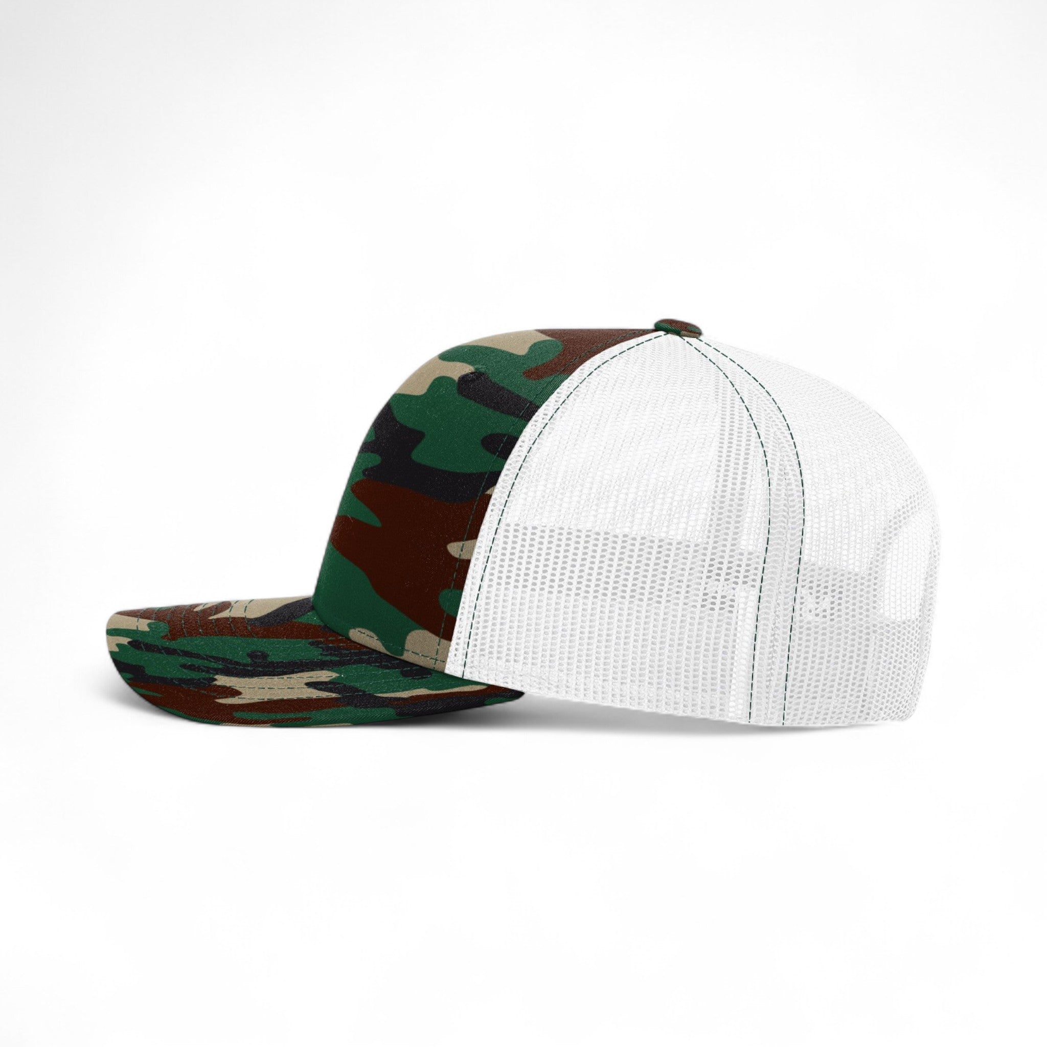 Left side view of Richardson 112P custom hat in army camo and white