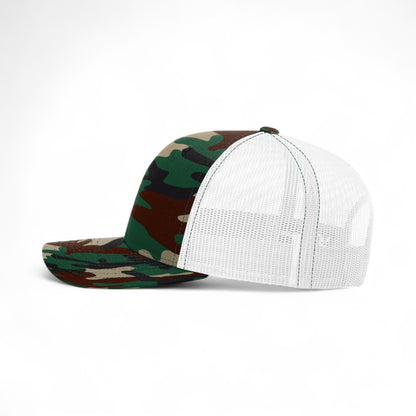 Left side view of Richardson 112P custom hat in army camo and white