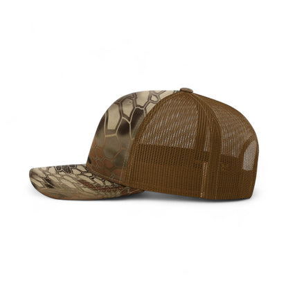 Left side view of Richardson 112P custom hat in kryptek highlander - buck
