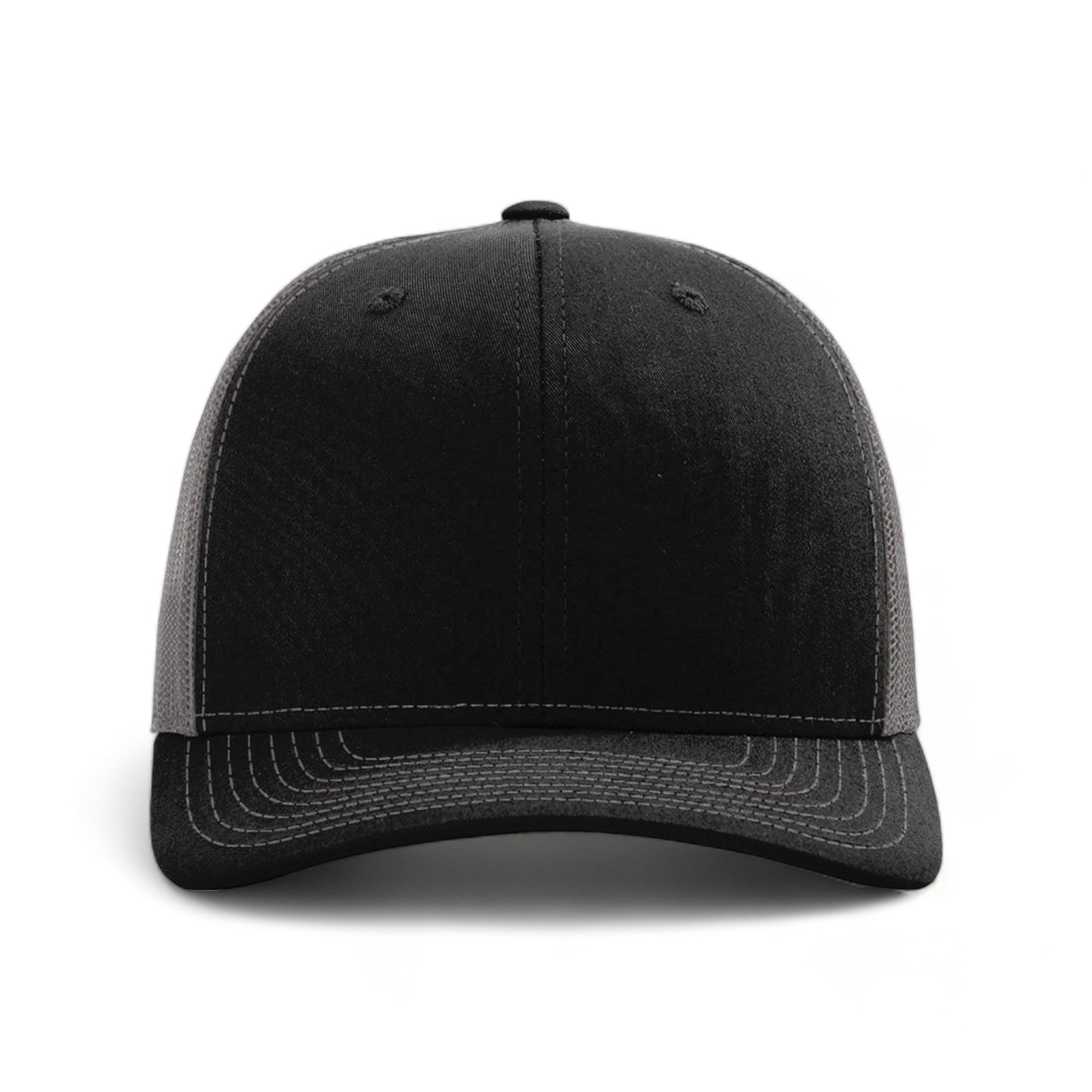 Front view of Richardson 112RE custom hat in black and charcoal