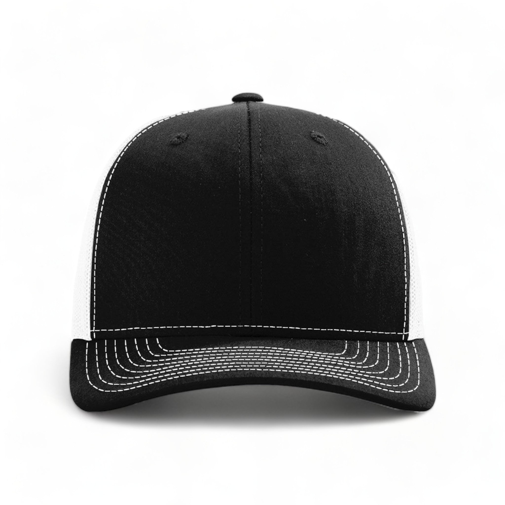 Front view of Richardson 112RE custom hat in black and white