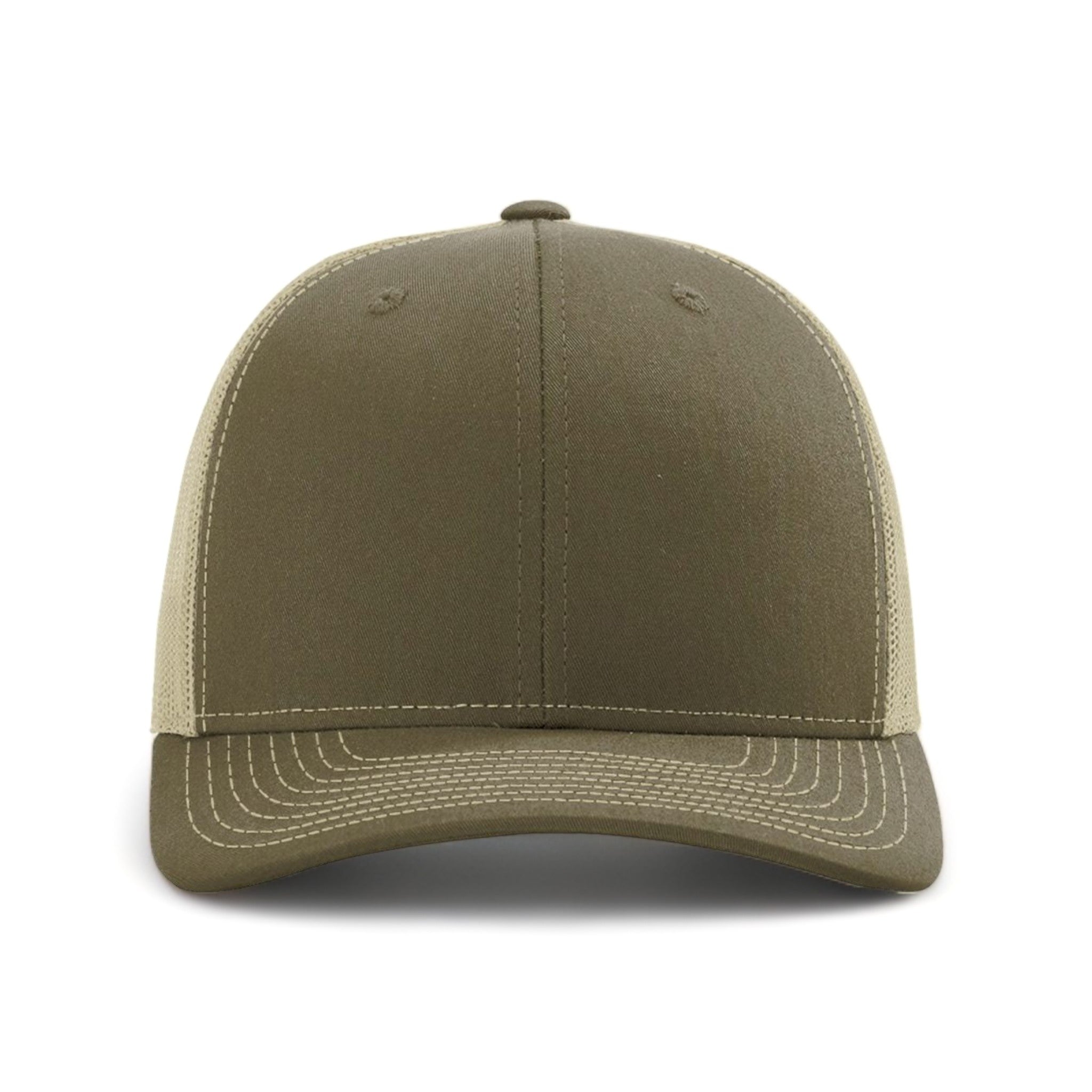 Front view of Richardson 112RE custom hat in loden and khaki