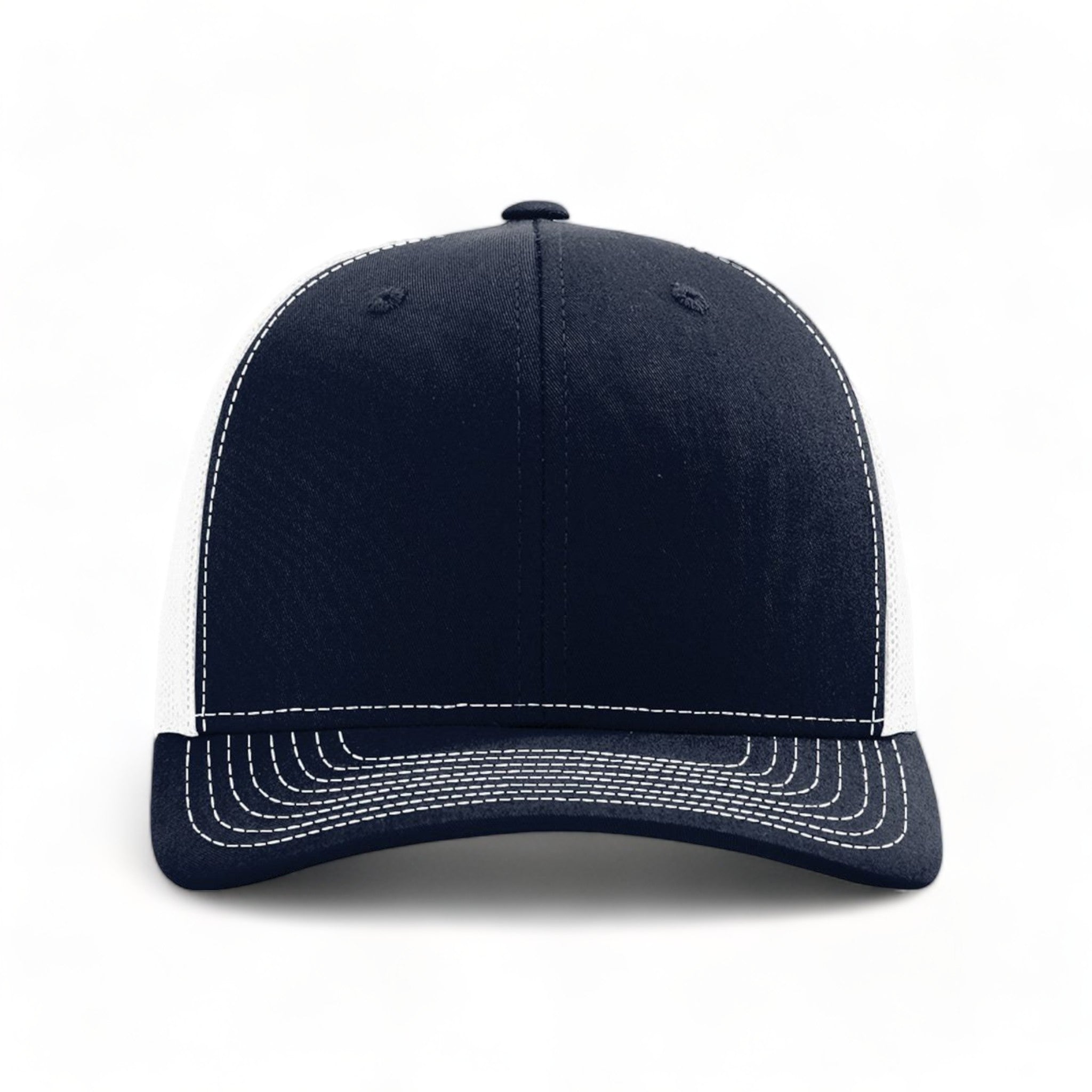 Front view of Richardson 112RE custom hat in navy and white