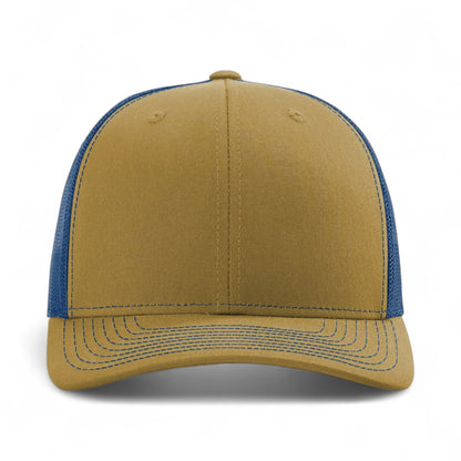Front view of Richardson 112 custom hat in biscuit and true blue