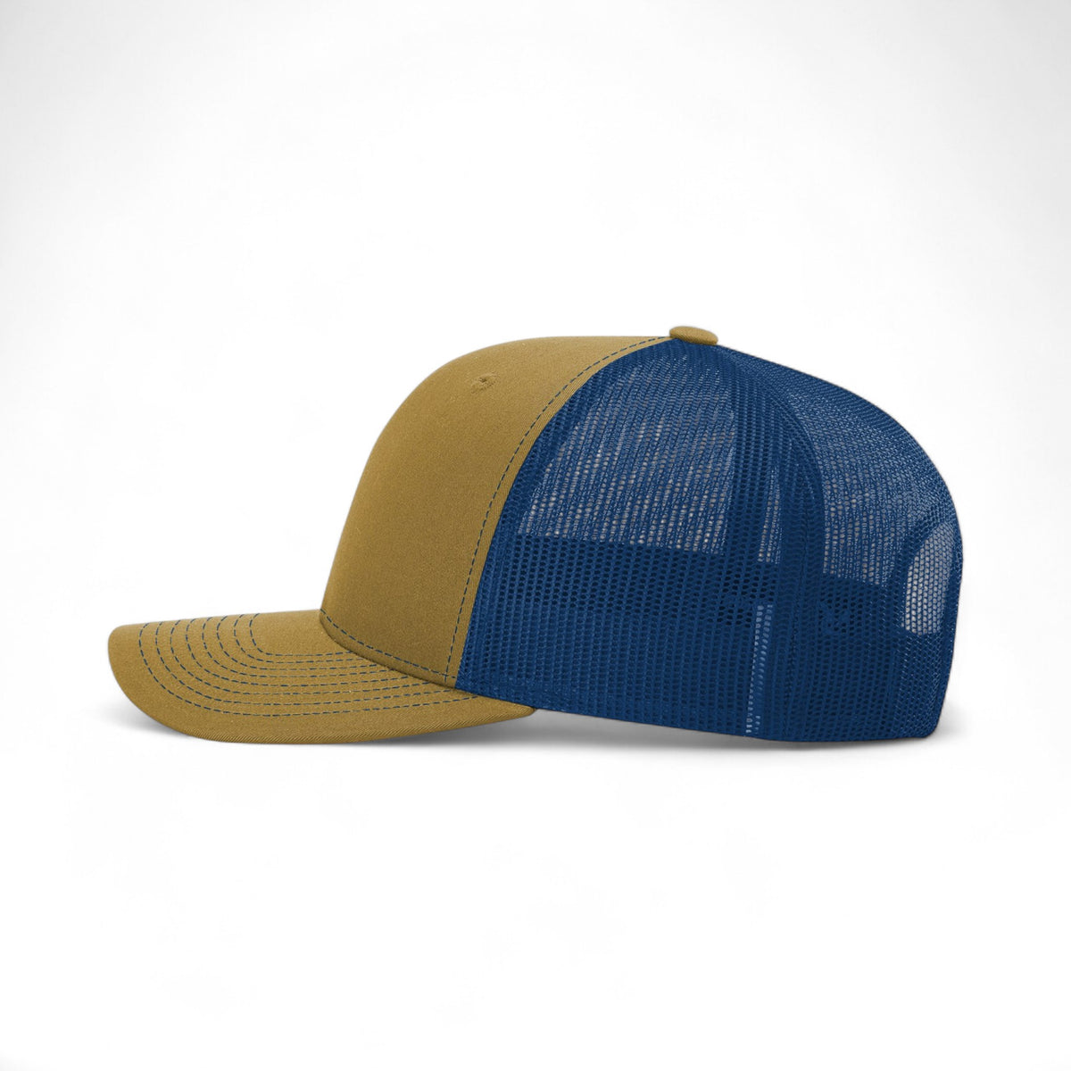 Left side view of Richardson 112 custom hat in biscuit and true blue