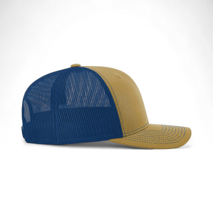 Right side view of Richardson 112 custom hat in biscuit and true blue