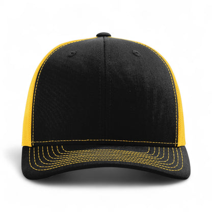 Front view of Richardson 112 custom hat in black and gold