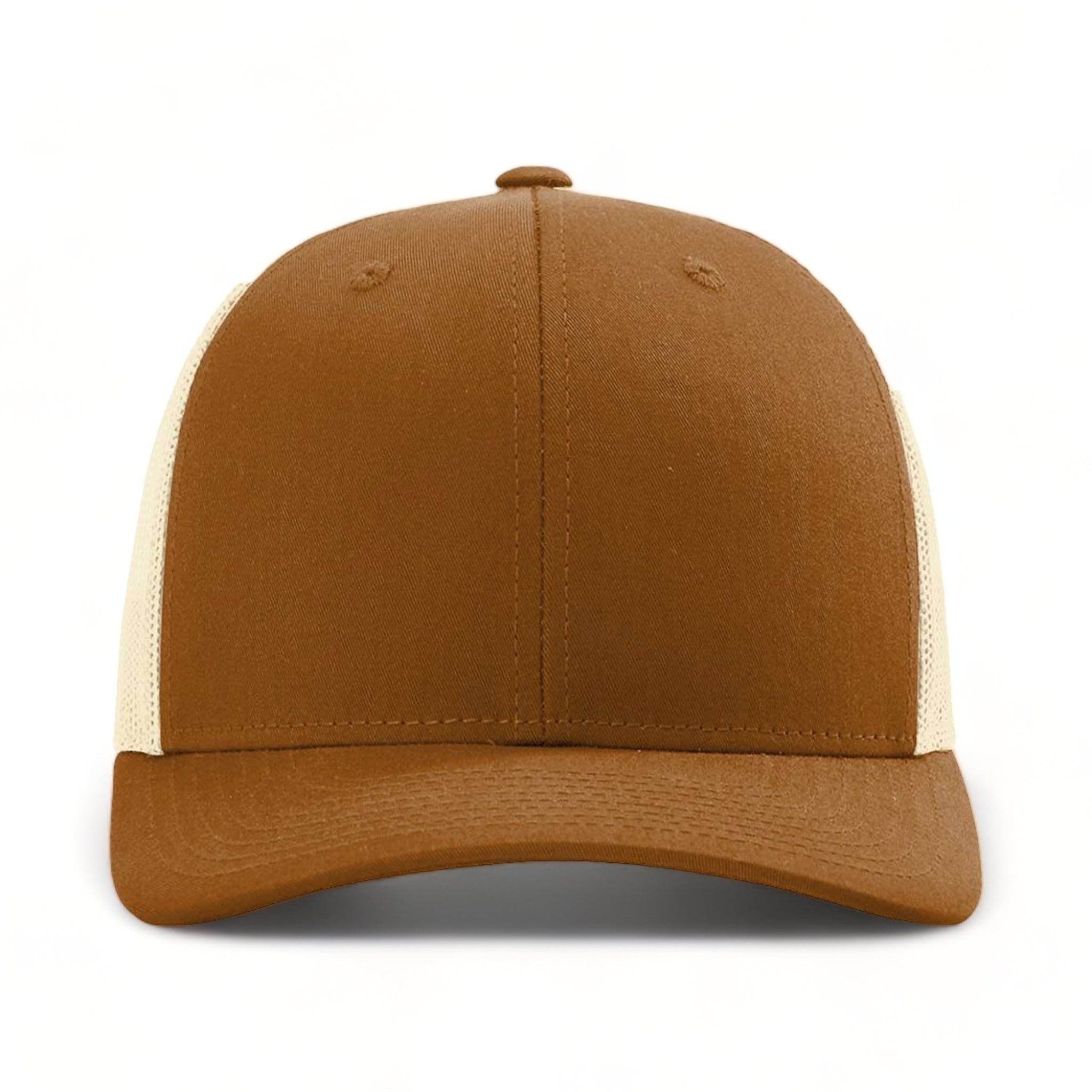 Front view of Richardson 115 custom hat in carmel and birch