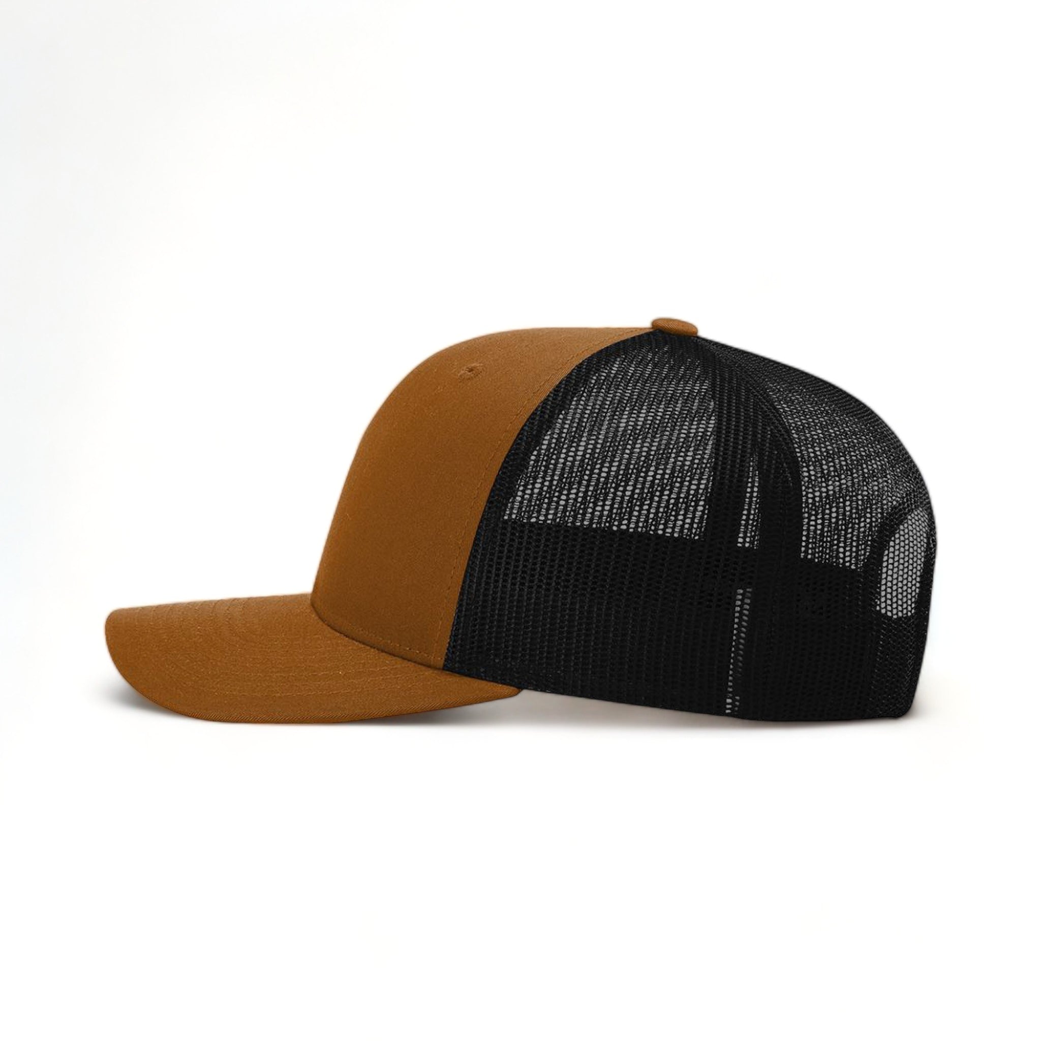 Side view of Richardson 115 custom hat in carmel and black