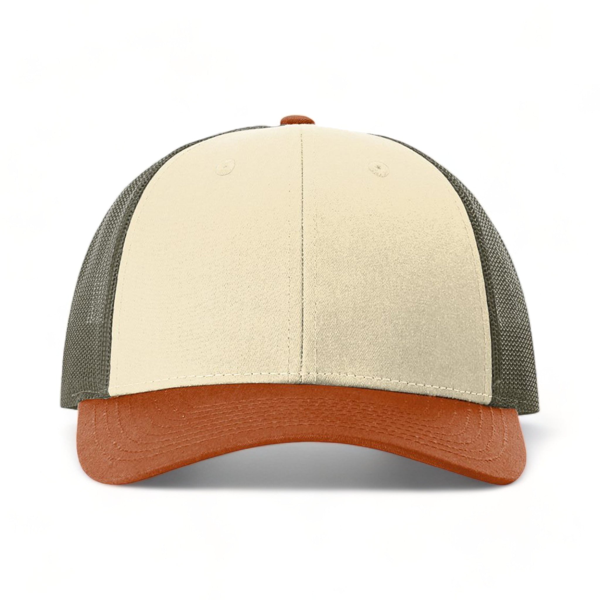 Front view of Richardson 115 custom hat in cream, loden green and dark orange