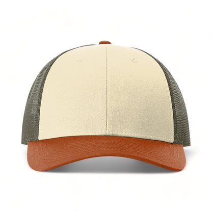 Front view of Richardson 115 custom hat in cream, loden green and dark orange