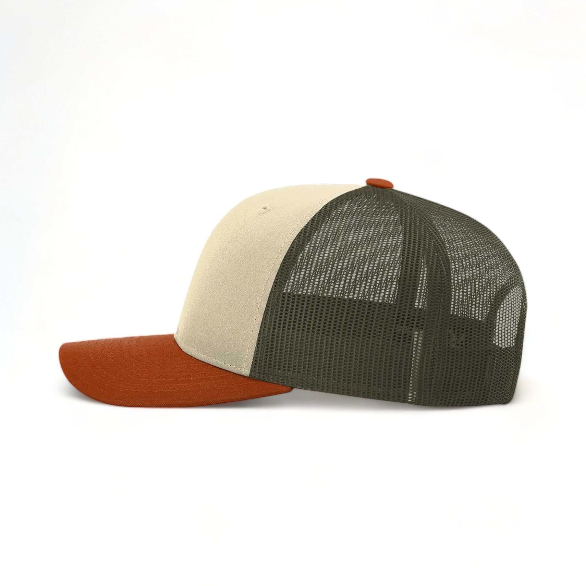 Side view of Richardson 115 custom hat in cream, loden green and dark orange