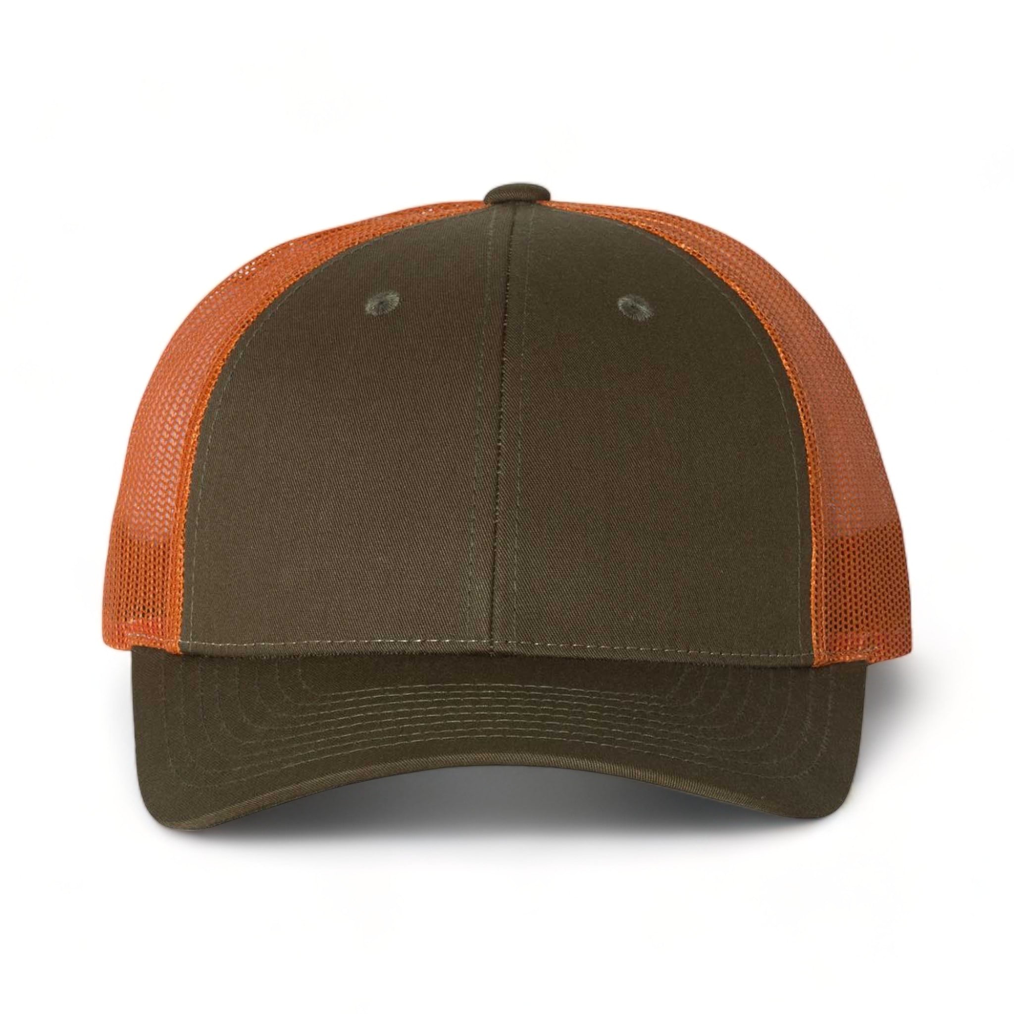 Front view of Richardson 115 custom hat in dark loden and jaffa orange