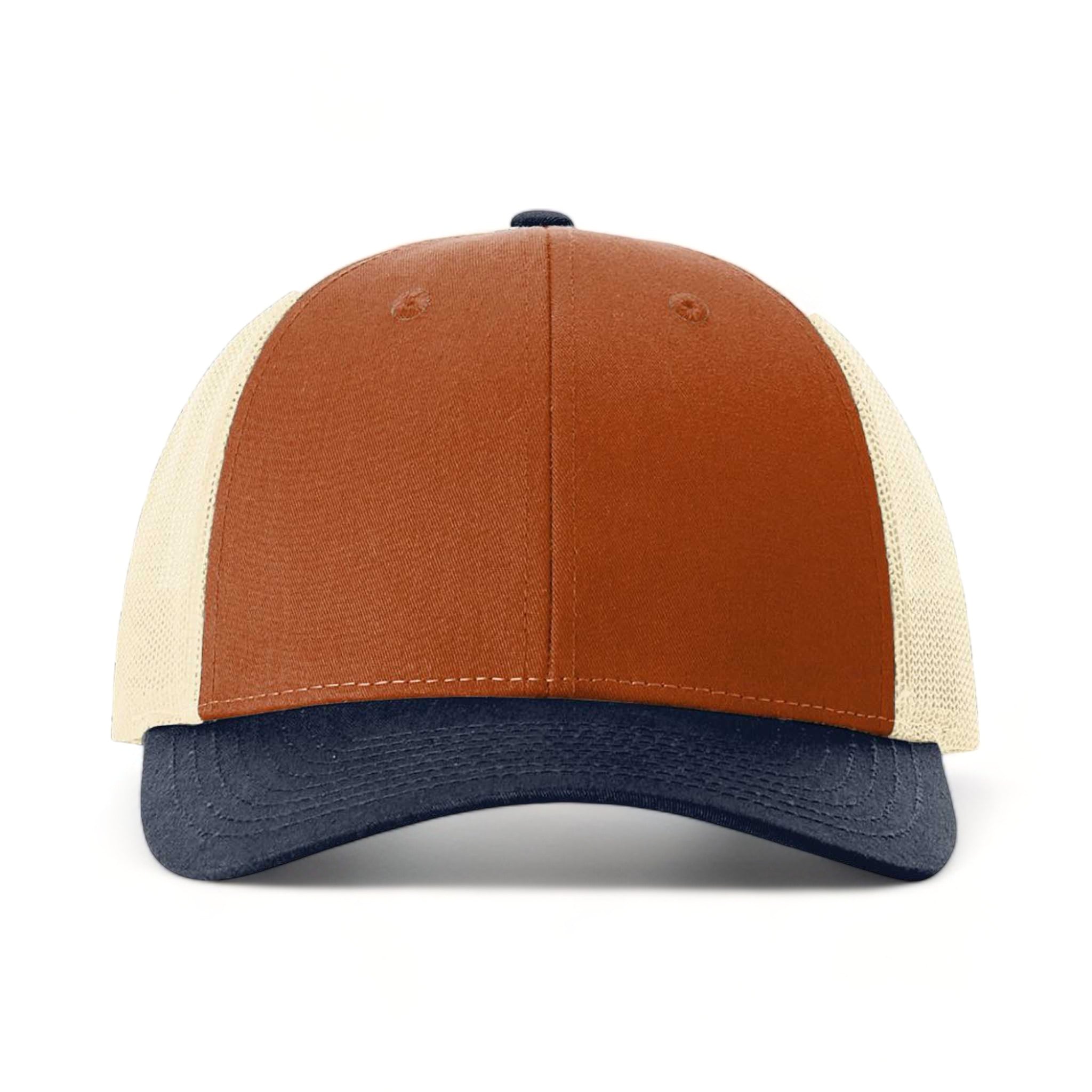 Front view of Richardson 115 custom hat in dark orange, birch and patriot blue