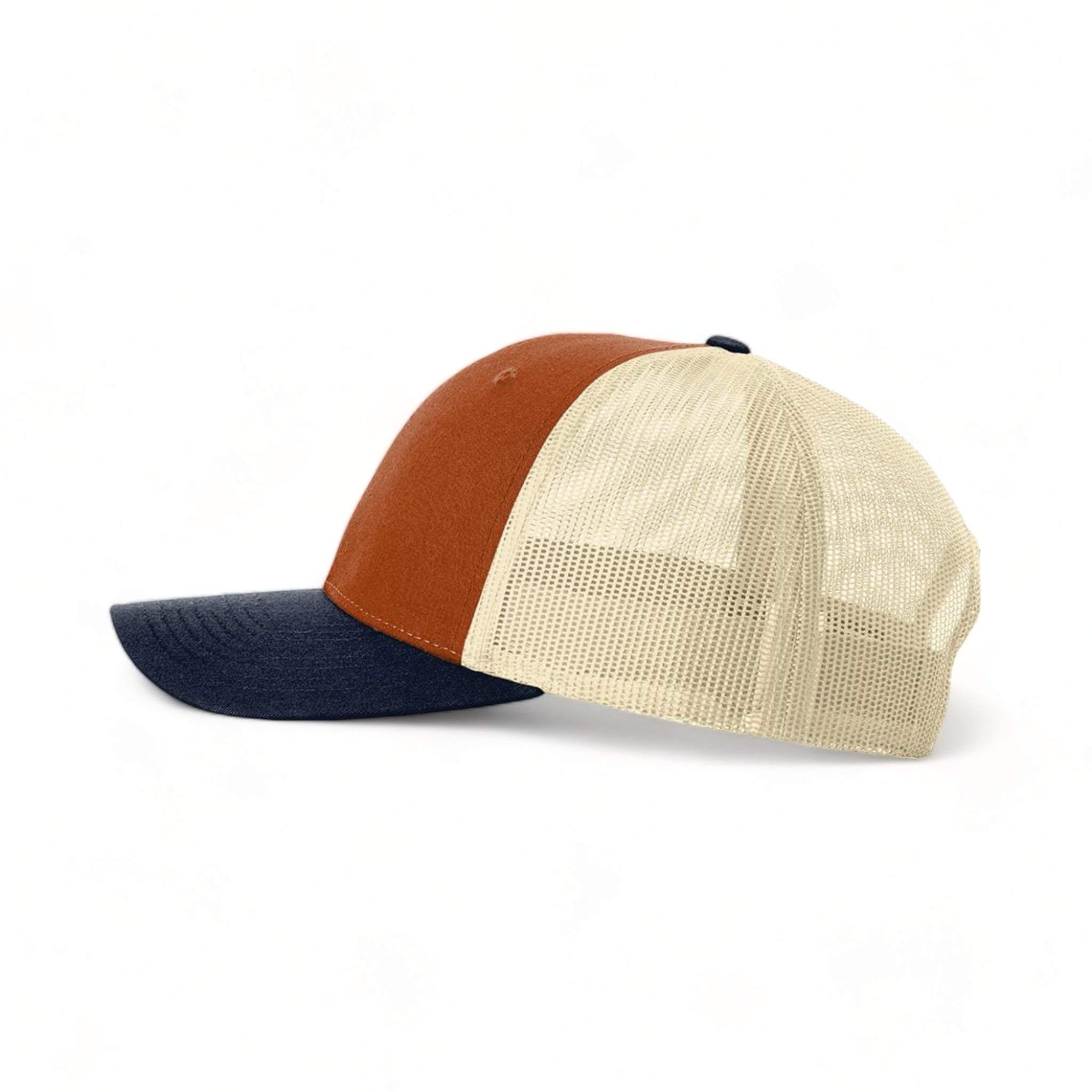 Side view of Richardson 115 custom hat in dark orange, birch and patriot blue