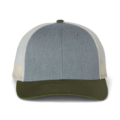 Front view of Richardson 115 custom hat in heather grey, birch and army