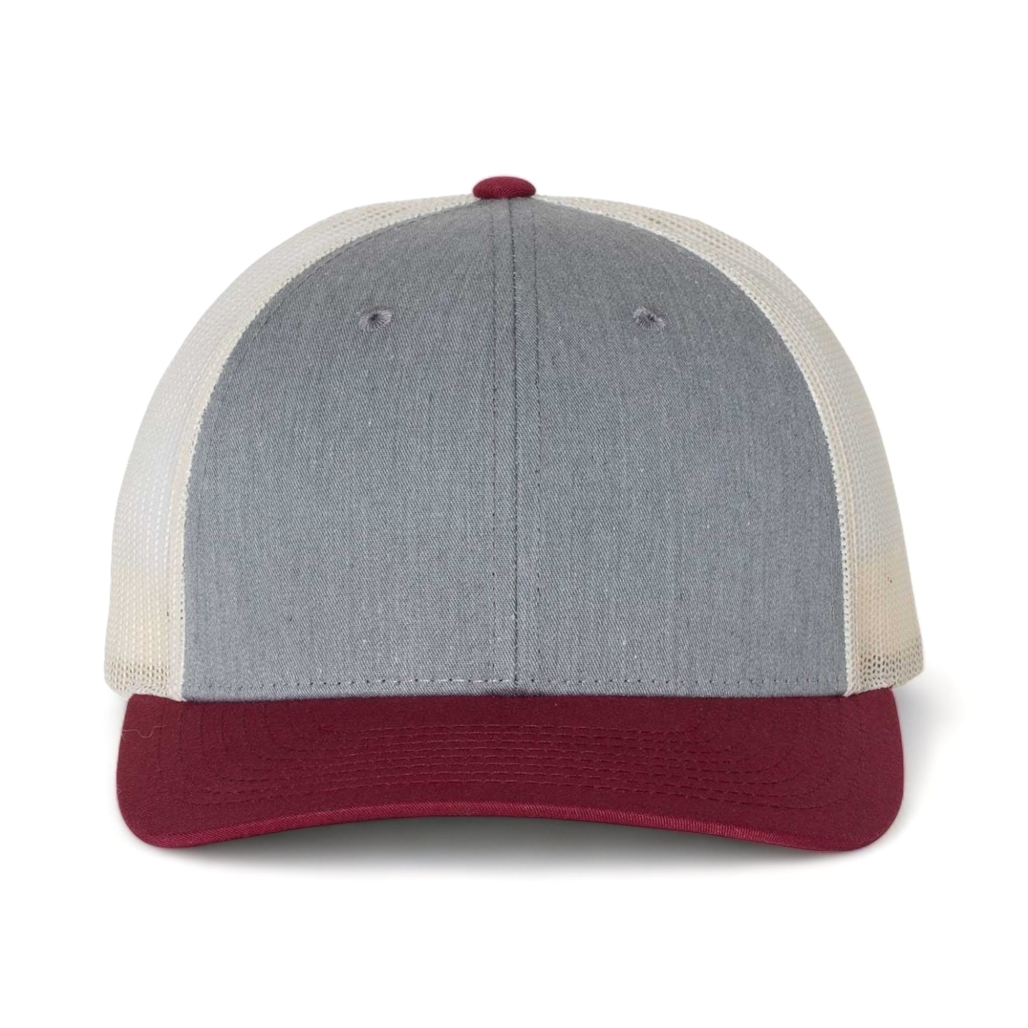 Front view of Richardson 115 custom hat in heather grey, birch and cardinal