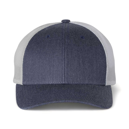 Front view of Richardson 115 custom hat in heather navy and silver