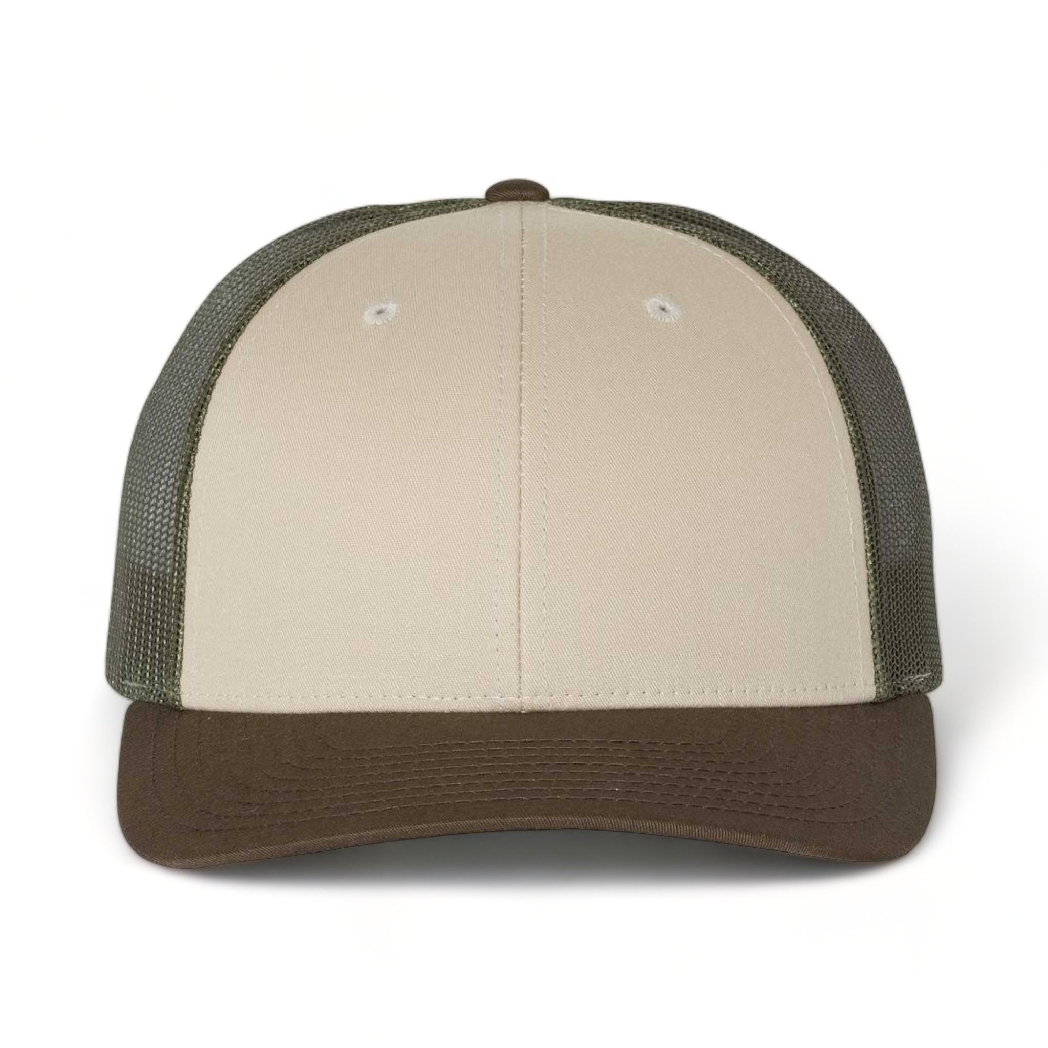 Front view of Richardson 115 custom hat in tan, loden and brown