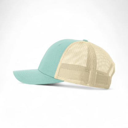 Left side view of Richardson 115 custom hat in aruba blue and birch
