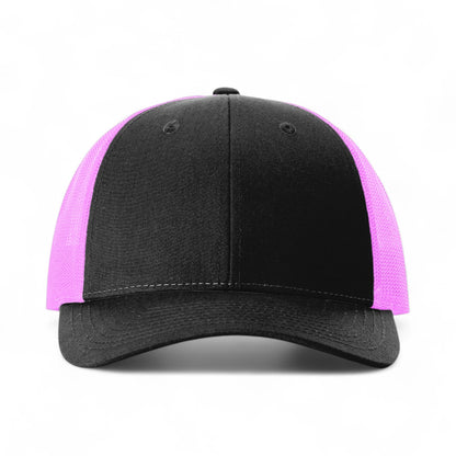 Front view of Richardson 115 custom hat in black and neon pink