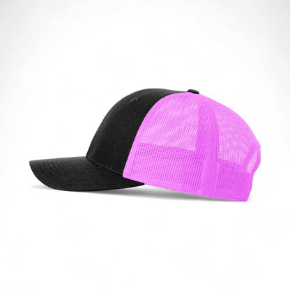 Left side view of Richardson 115 custom hat in black and neon pink