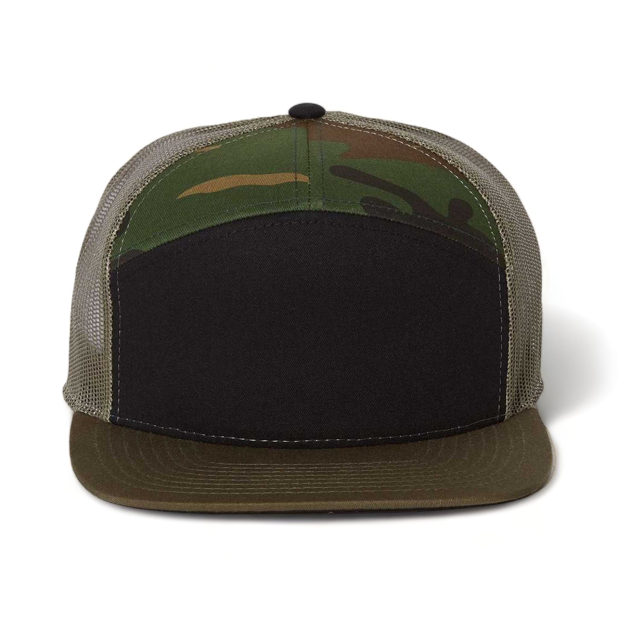 Front view of Richardson 168 custom hat in black, camo and loden