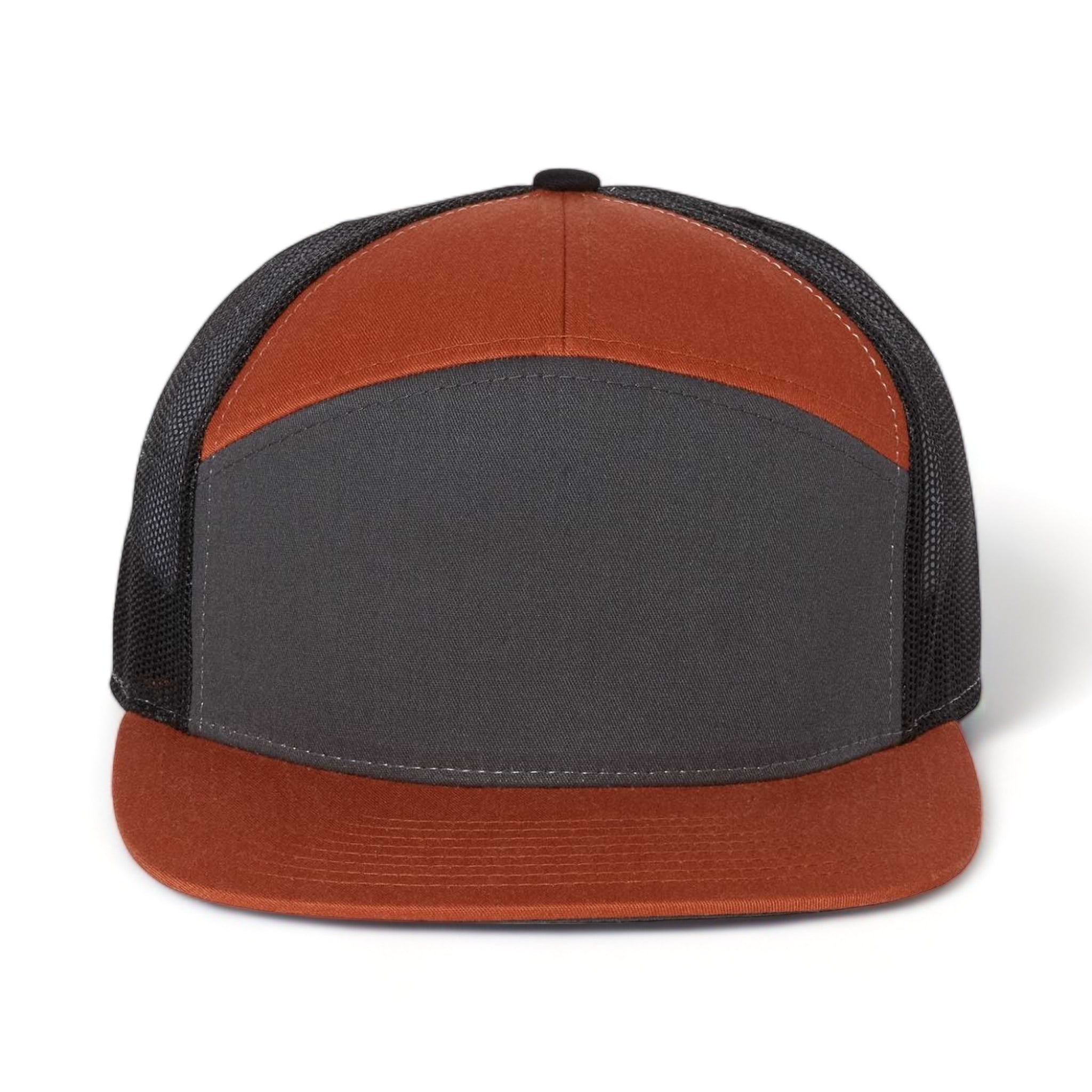Front view of Richardson 168 custom hat in charcoal, burnt orange and black