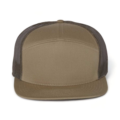 Front view of Richardson 168 custom hat in pale khaki and loden green