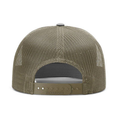Back view of Richardson 168 custom hat in black, camo and loden green