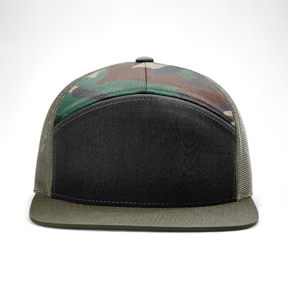 Front view of Richardson 168 custom hat in black, camo and loden green