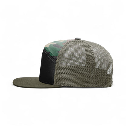 Left side view of Richardson 168 custom hat in black, camo and loden green