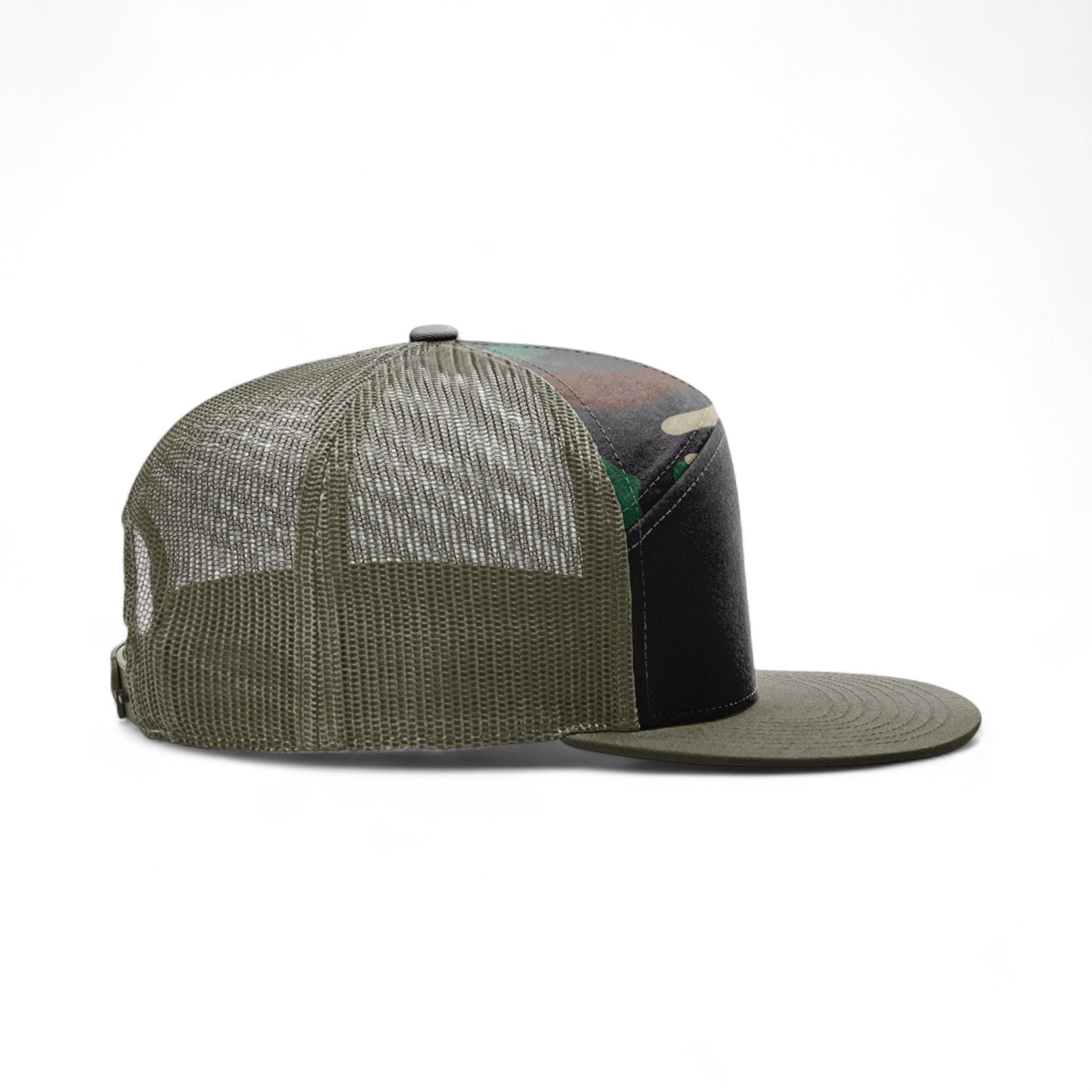 Right side view of Richardson 168 custom hat in black, camo and loden green