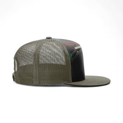Right side view of Richardson 168 custom hat in black, camo and loden green
