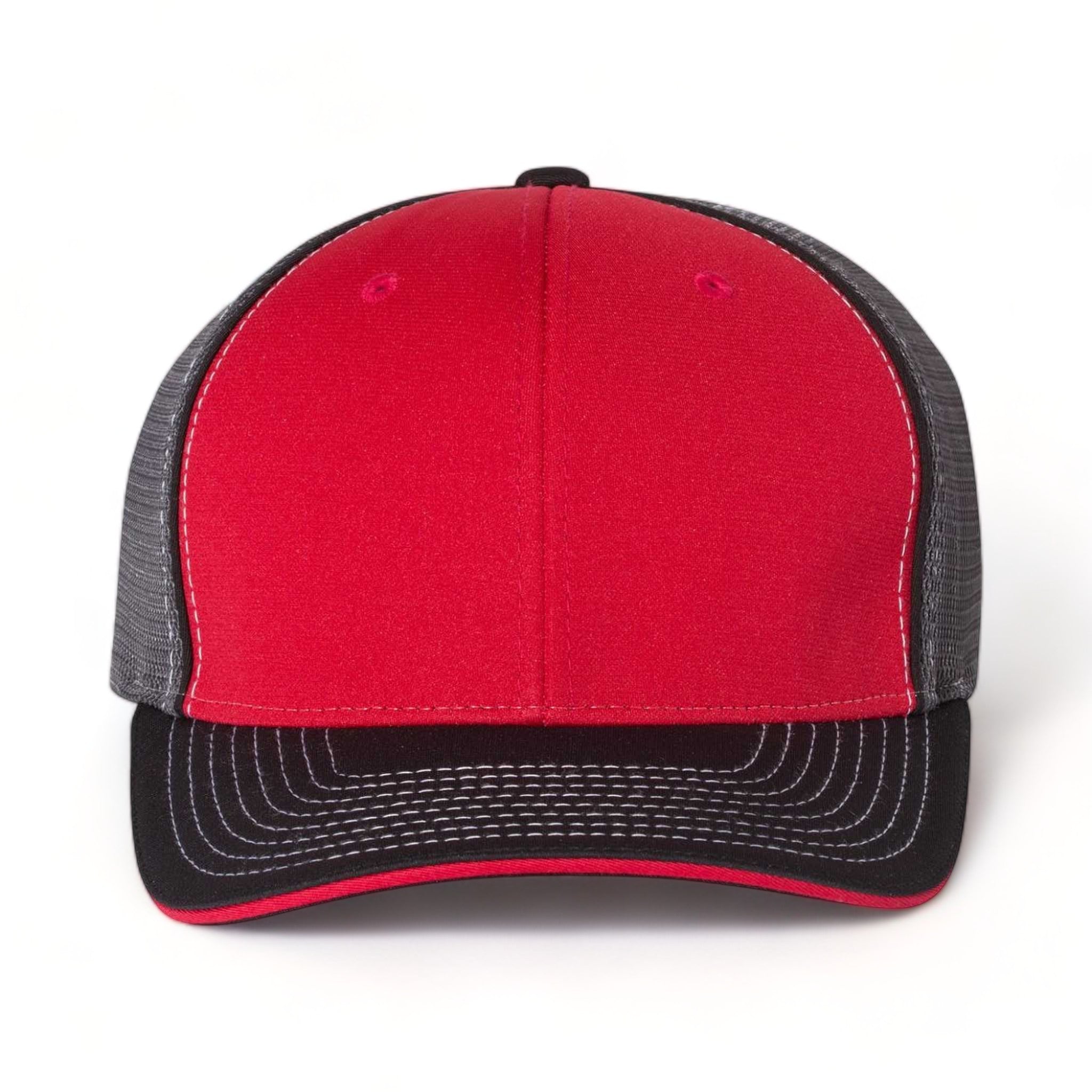 Front view of Richardson 172 custom hat in red, charcoal and black tri