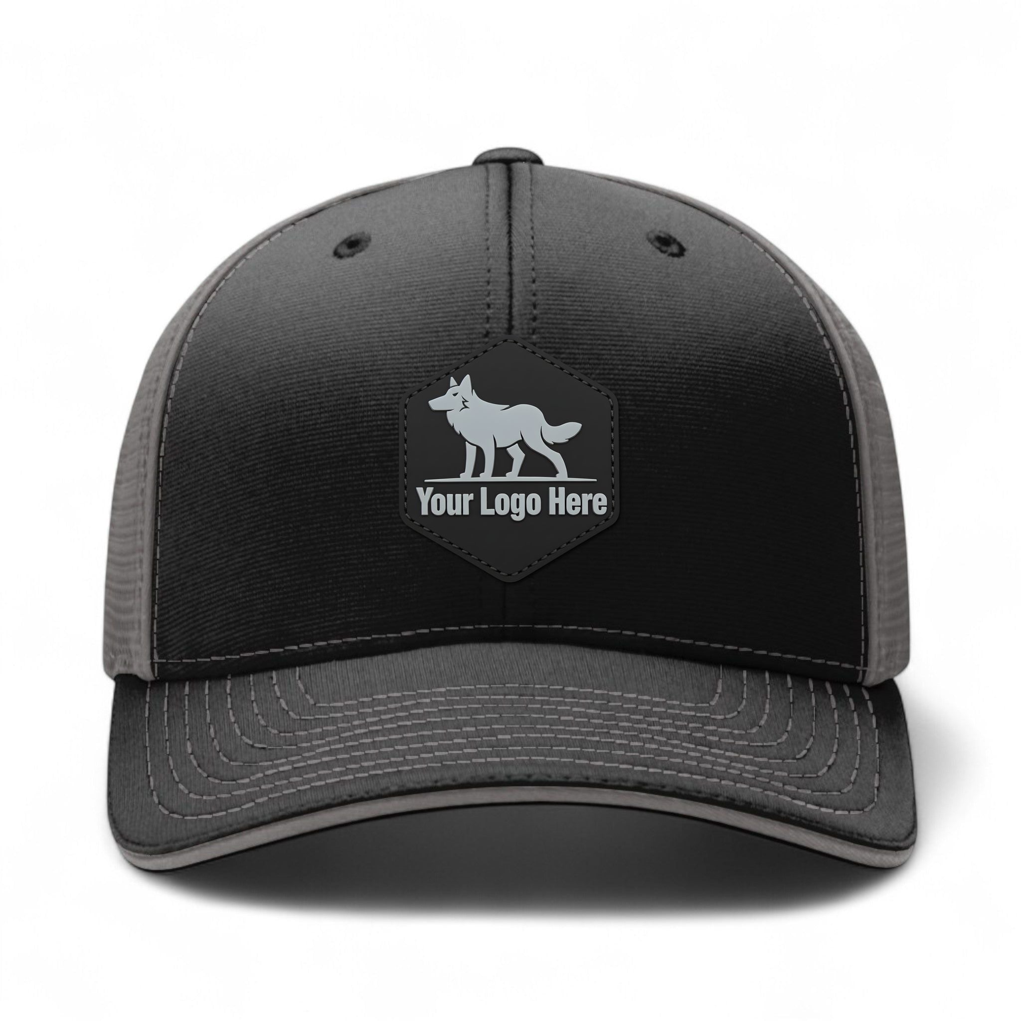 PVC patch preview of Richardson 172 custom hat in black and charcoal