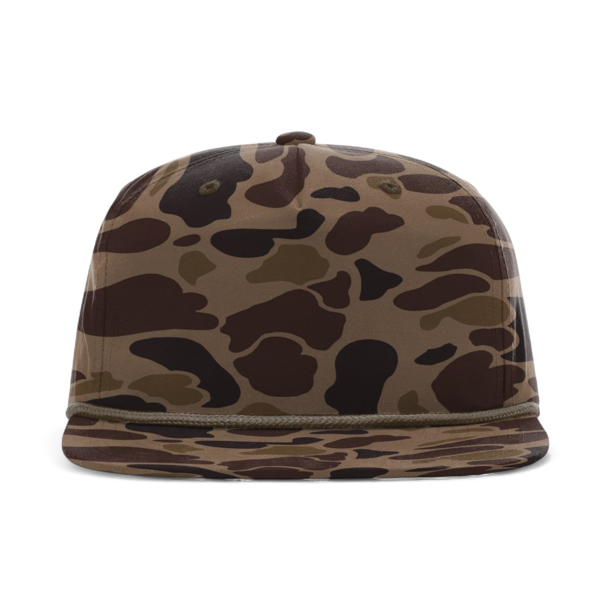 Front view of Richardson 256P custom hat in bark duck camo and brown