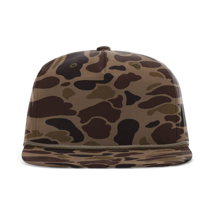 Front view of Richardson 256P custom hat in bark duck camo and brown